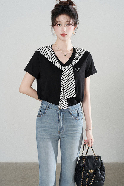 Loose Short-Sleeved Striped Shawl T-Shirt and Denim Skirt Set-Up