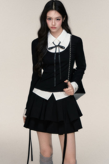 Slim Fit Color-Block T-Shirt and Skirt Set-Up