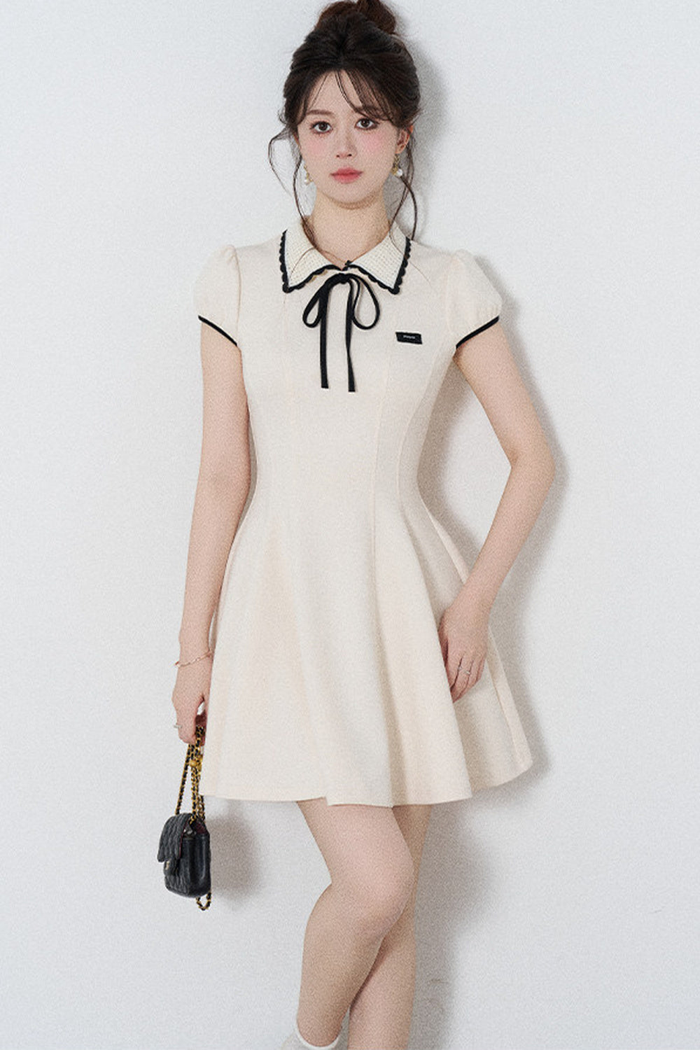 French Style Puff Sleeve Cinched Waist Dress
