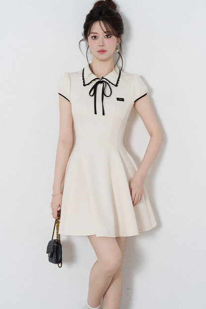 French Style Puff Sleeve Cinched Waist Dress