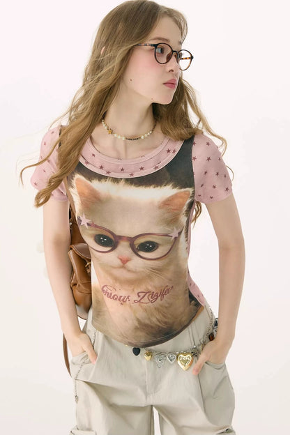 Pink Vintage Washed Cat T-Shirt