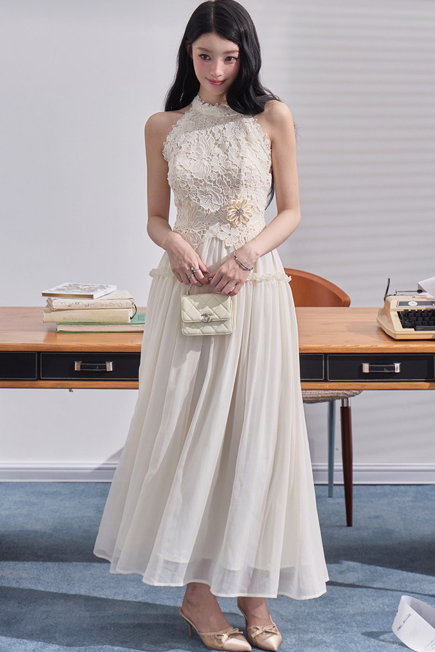 Embossed Garden Lace Halter Dress