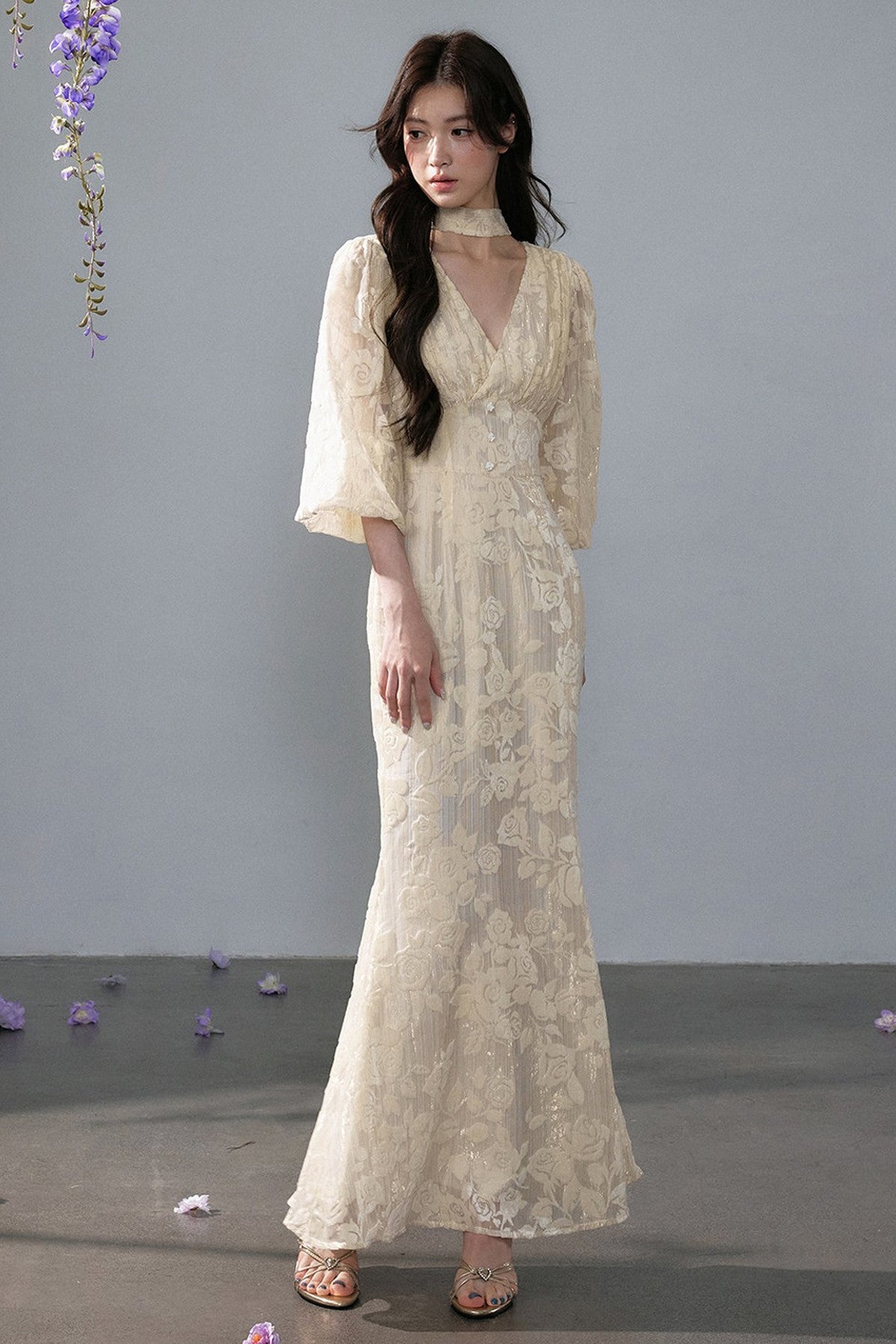 Robe rétro française en jacquard dentelle à col V
