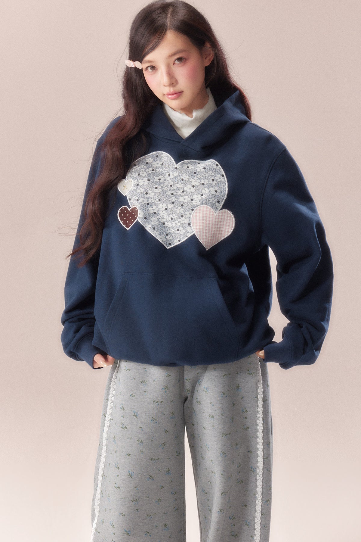 Heart Patchwork Embroidered Hooded Sweatshirt