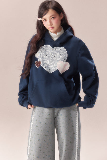 Heart Patchwork Embroidered Hooded Sweatshirt