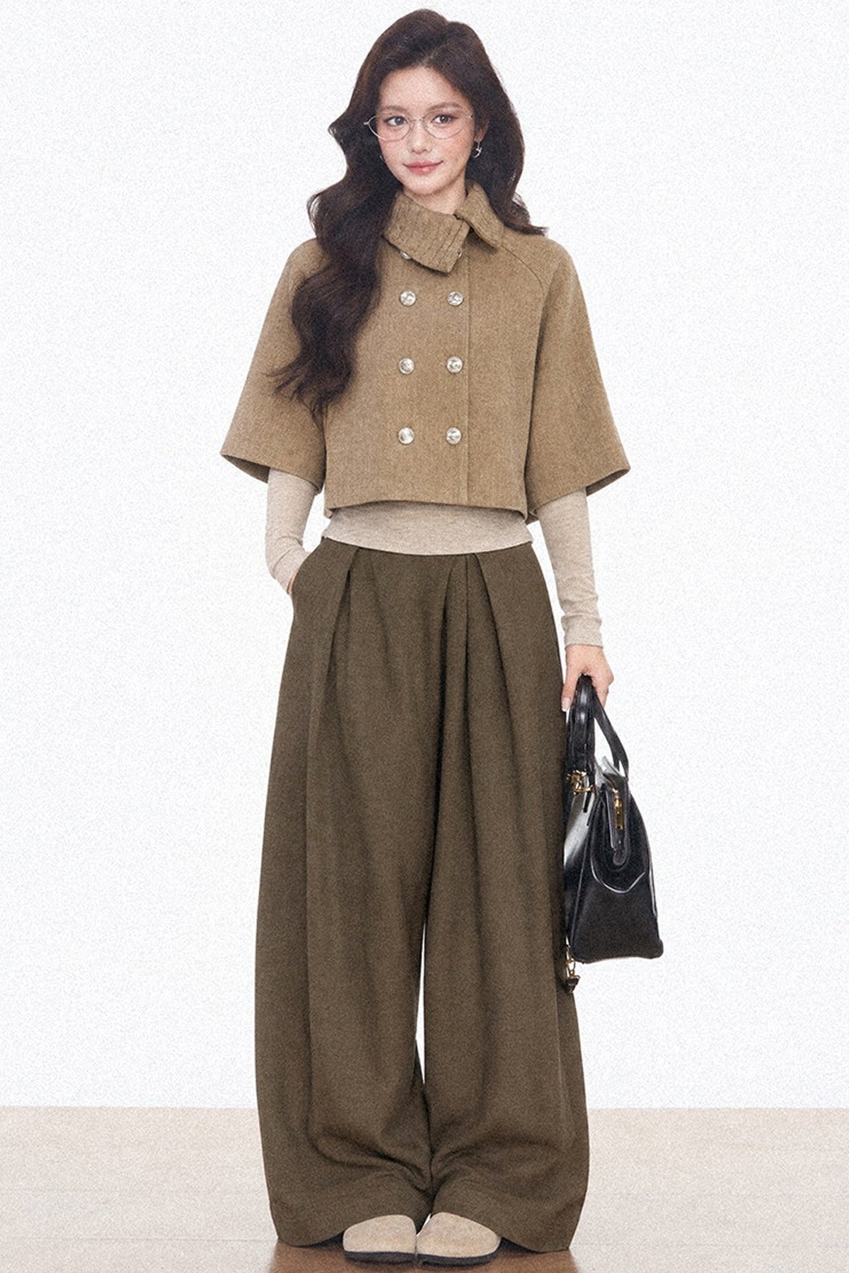 Double-Breasted Cape Coat and Wide-Leg Pants Set-Up