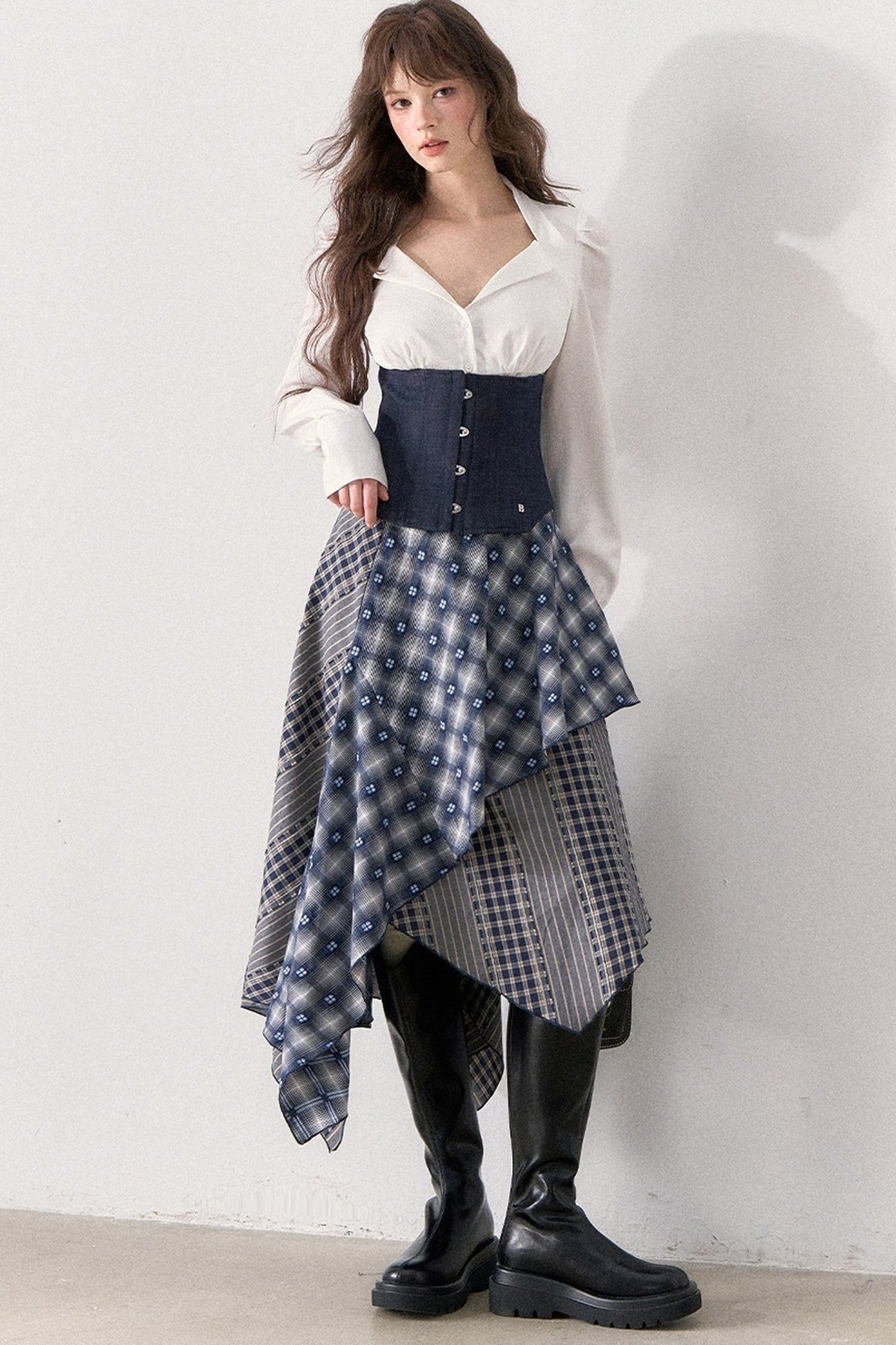 White Shirt and Denim Waistband Asymmetrical Plaid Skirt Set-Up
