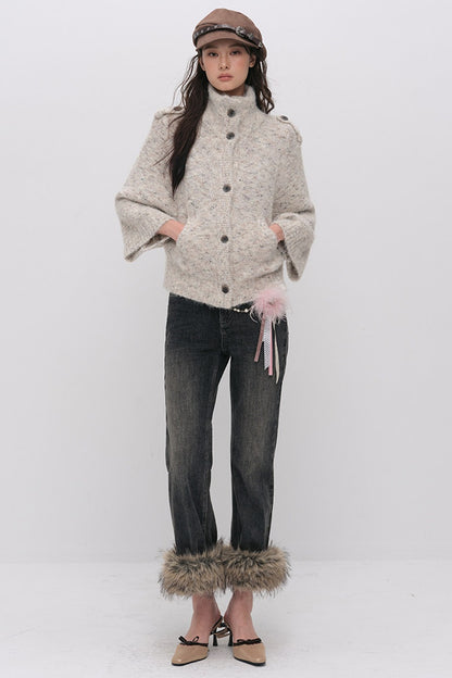 Stand Collar Corsage Knit Cardigan