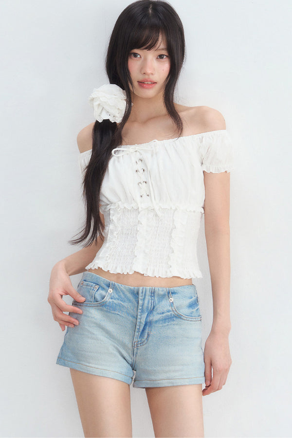 Off-Shoulder Puff Sleeve Lace-Up Top