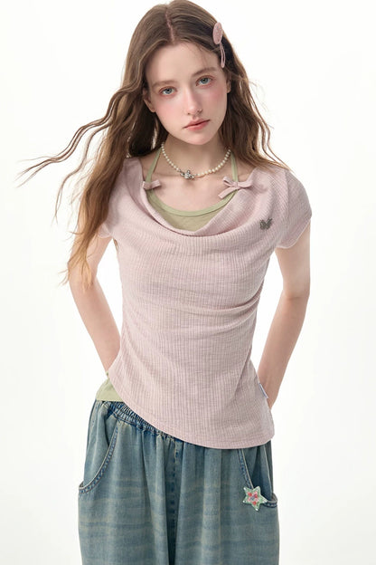 Flared Collar Pink Halter Neck Top