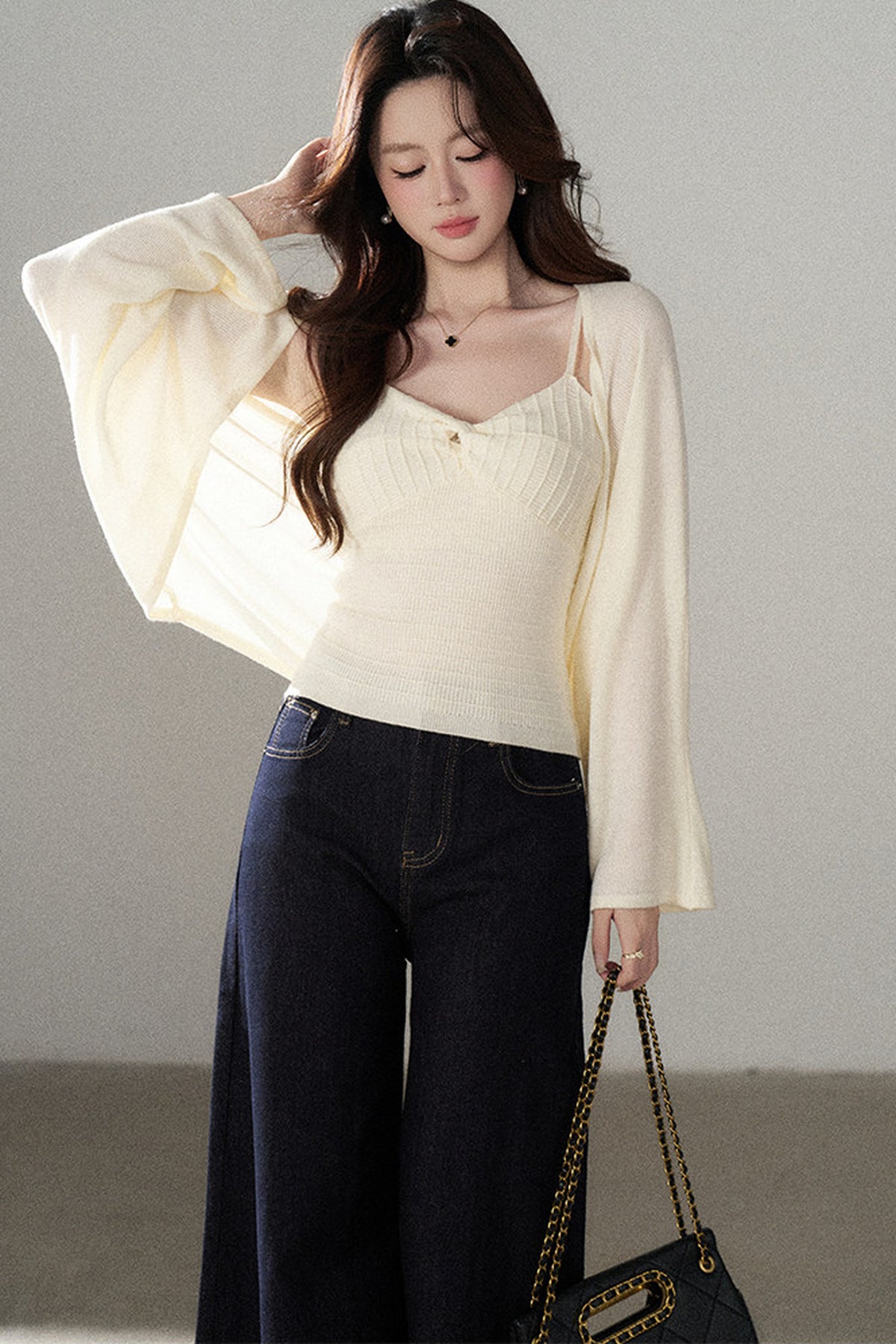 V-Neck Knitted Cardigan and Camisole Set-Up