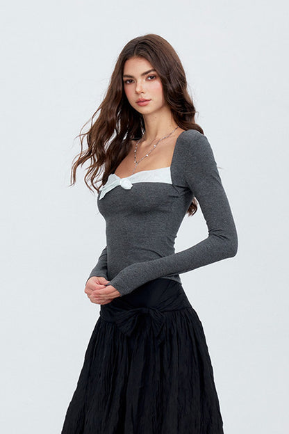 Contrast Bow Square Neck Long-Sleeve Top