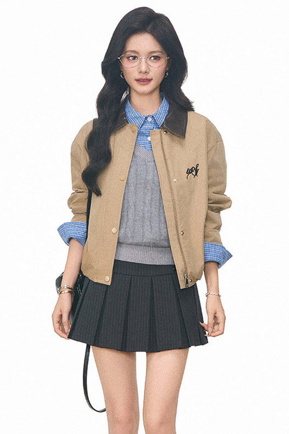 Plaid Shirt Cable Vest and Skirt 4-Piece Set-Up
