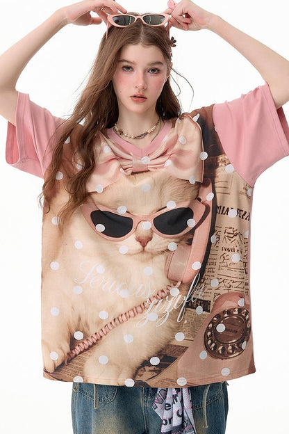 Rosa gepunktetes T-Shirt mit Katzenmotiv