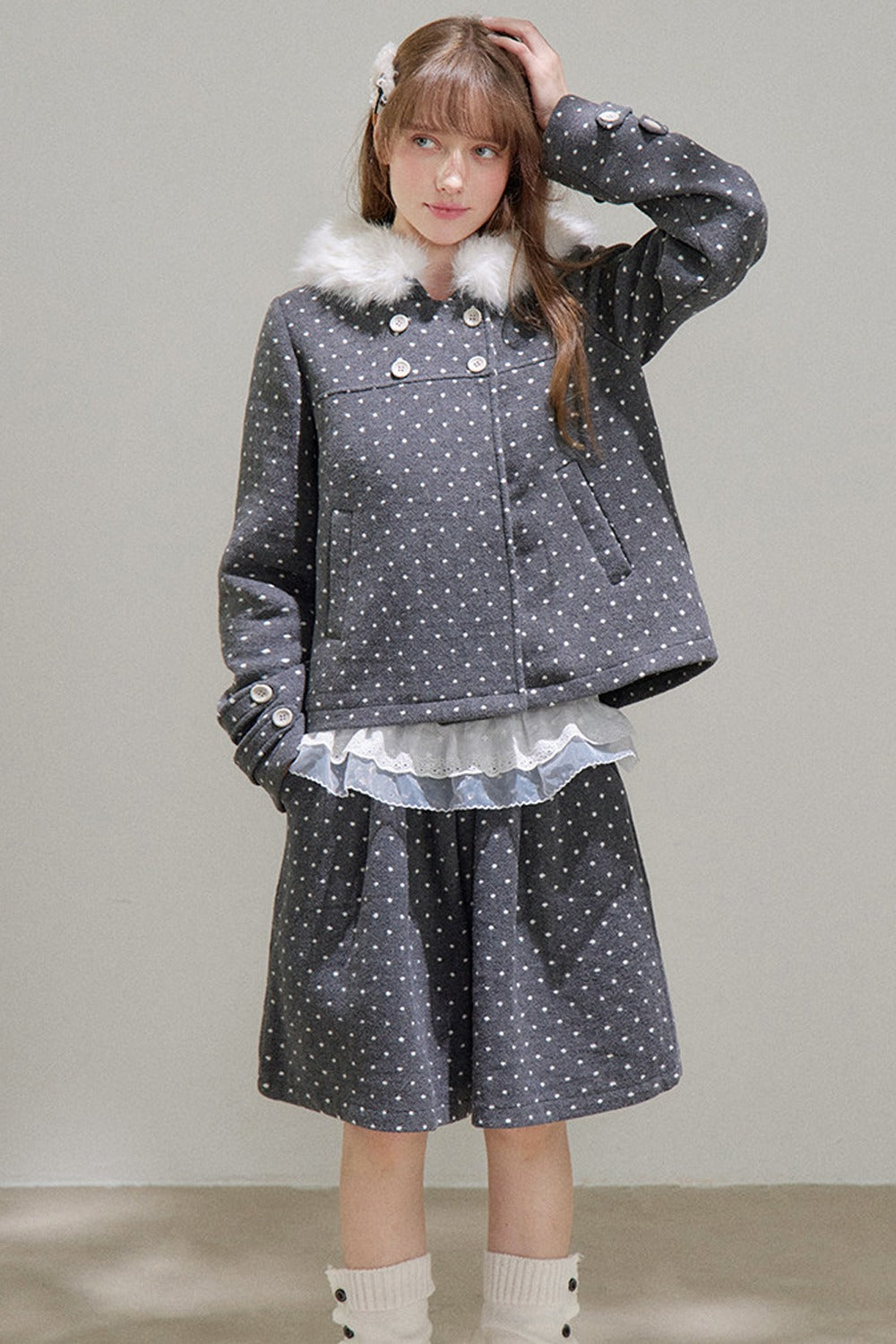 Lace Trim Fur Collar Hooded Coat