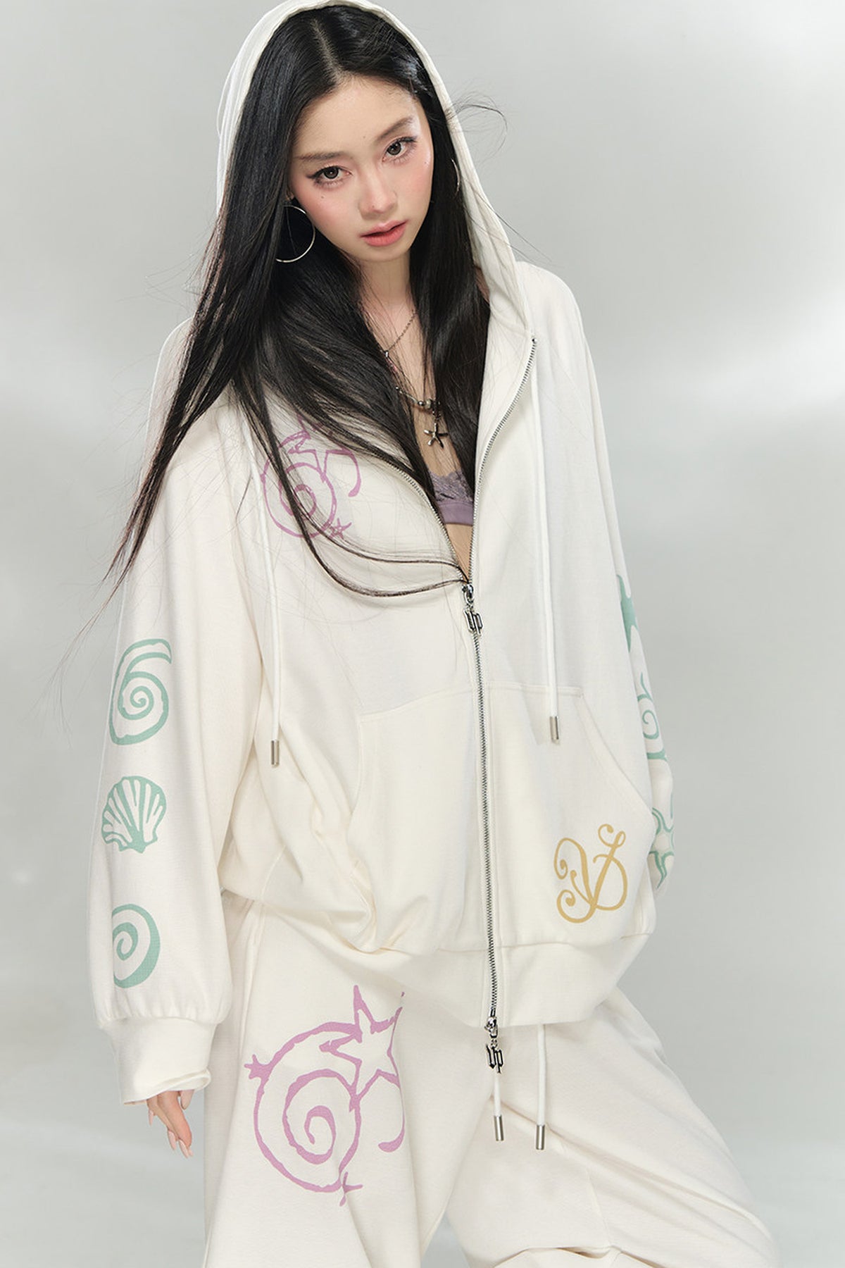 Waffle Knit Print Sweatshirt and Pants Set-Up