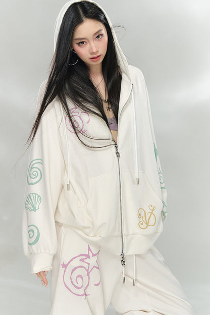 Waffle Knit Print Sweatshirt and Pants Set-Up