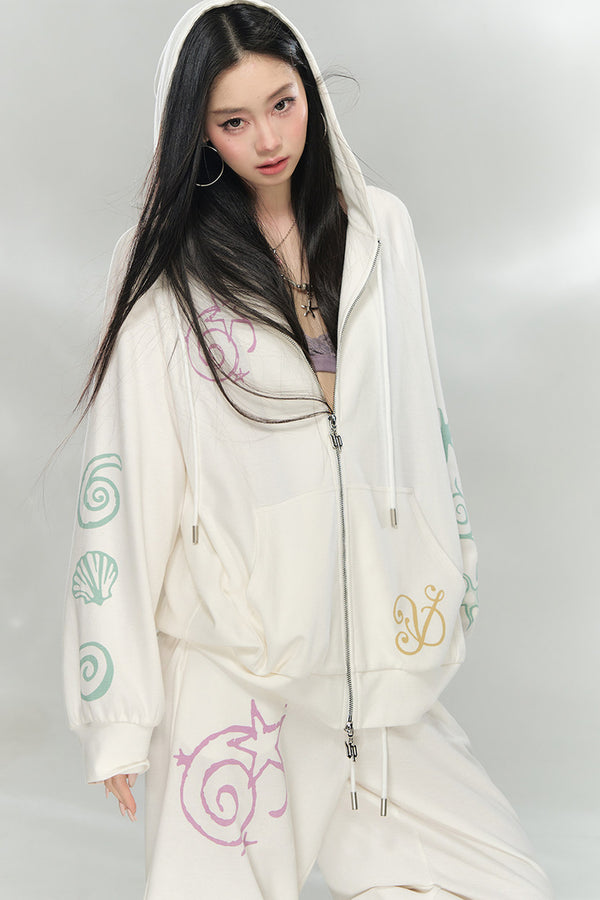 Waffle Knit Print Sweatshirt and Pants Set-Up