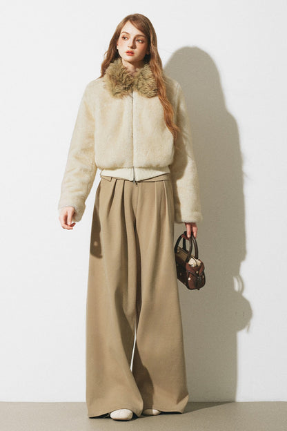 Dünne Wollhose mit asymmetrischem Bund und weitem Bein