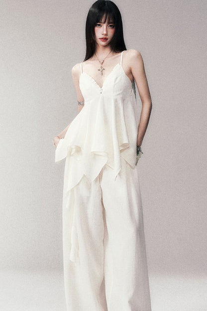 Relaxed V-Neck Camisole And Wide-Leg Pants Set-Up