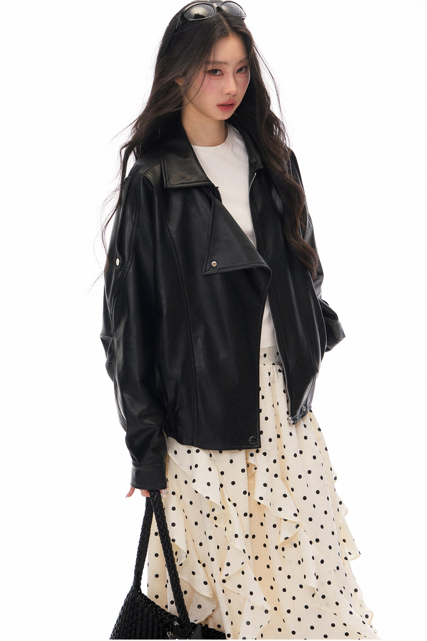 Black PU Lapel Biker Jacket, Polka Skirt and Dress Set-Up