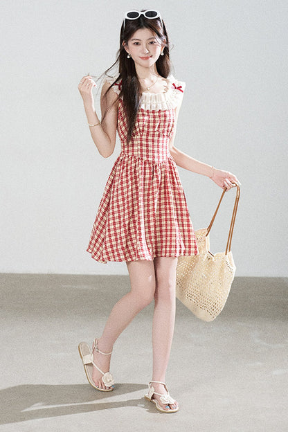 Red Plaid Sleeveless Ruffle Dress