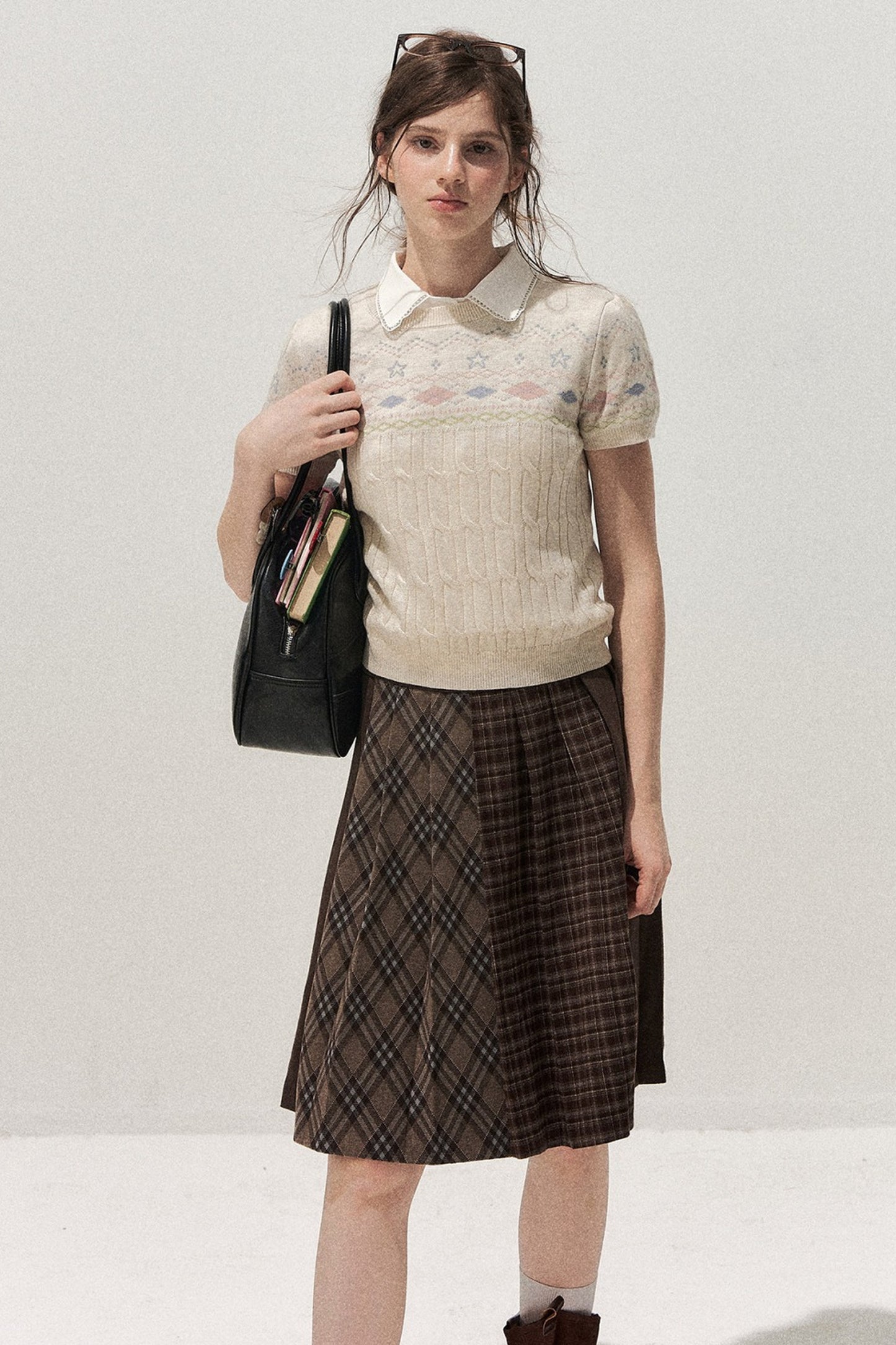 Retro Fair Isle Argyle Short-Sleeve Knit Sweater and Skirt Set-Up