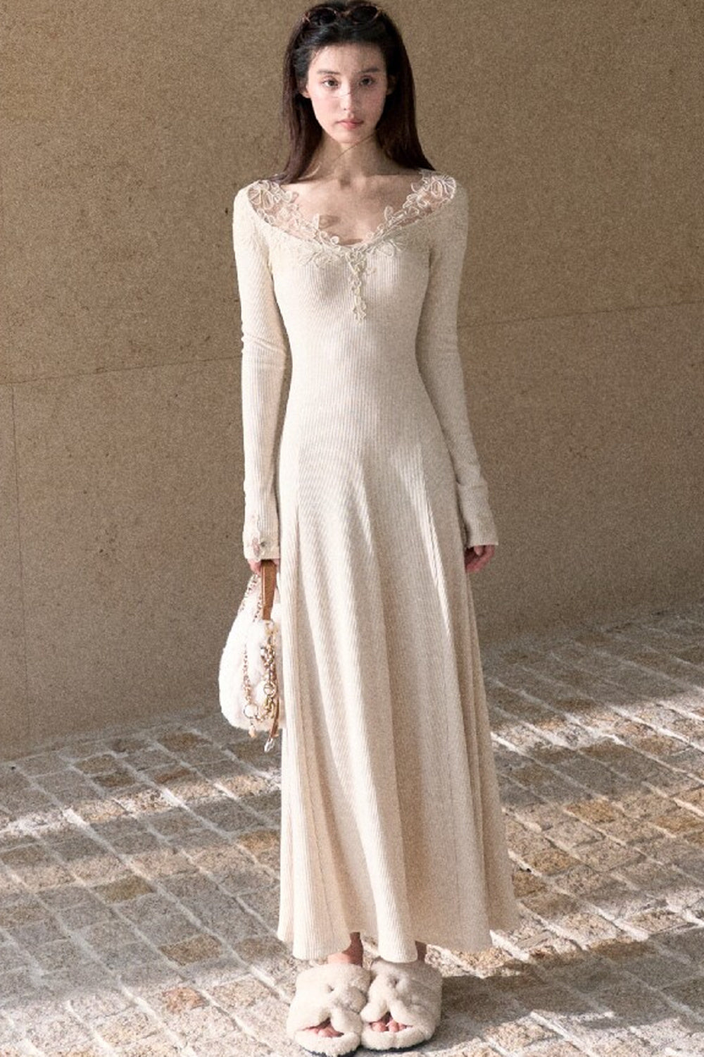 Spliced Lace Trim Long-Sleeve A-Line Dress