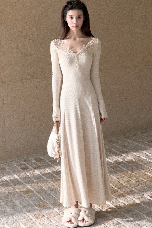 Spliced Lace Trim Long-Sleeve A-Line Dress