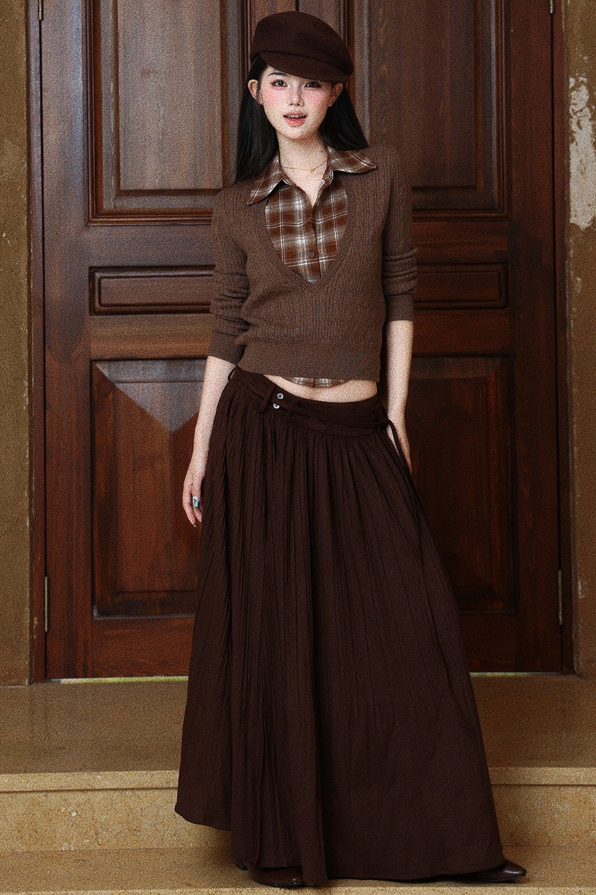 Double-Buckle Pleated Long Skirt