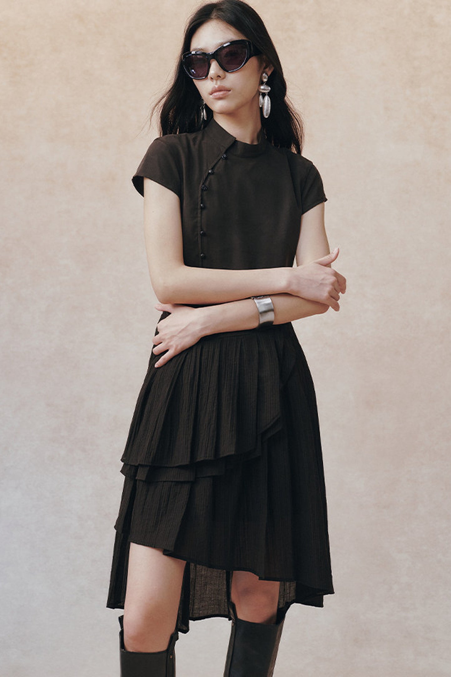 Diagonal Placket Pearl Button Irregular Hem Dress