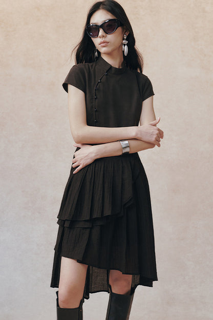 Diagonal Placket Pearl Button Irregular Hem Dress