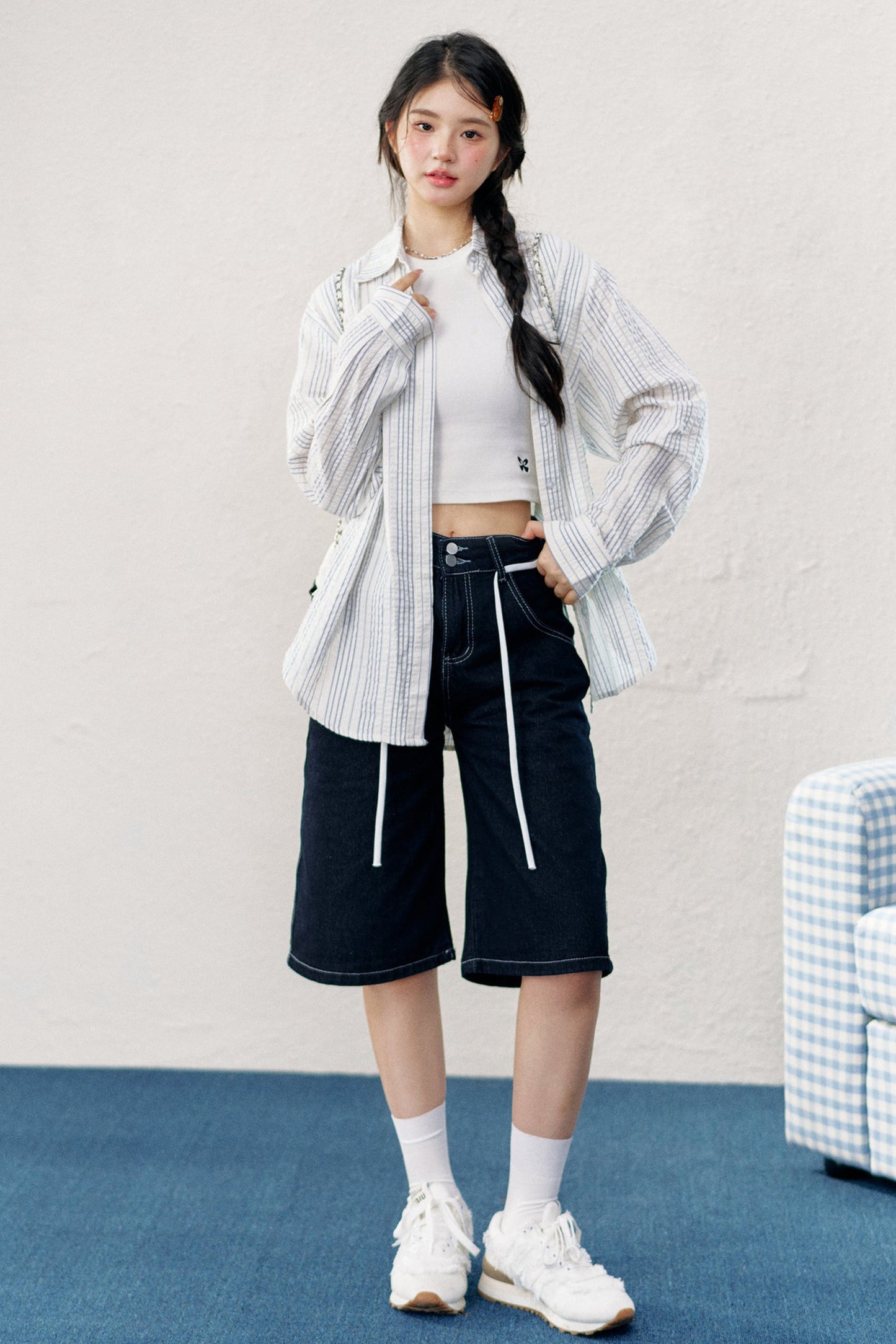 Washed Denim Drawstring Shorts