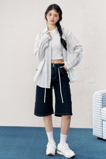Washed Denim Drawstring Shorts