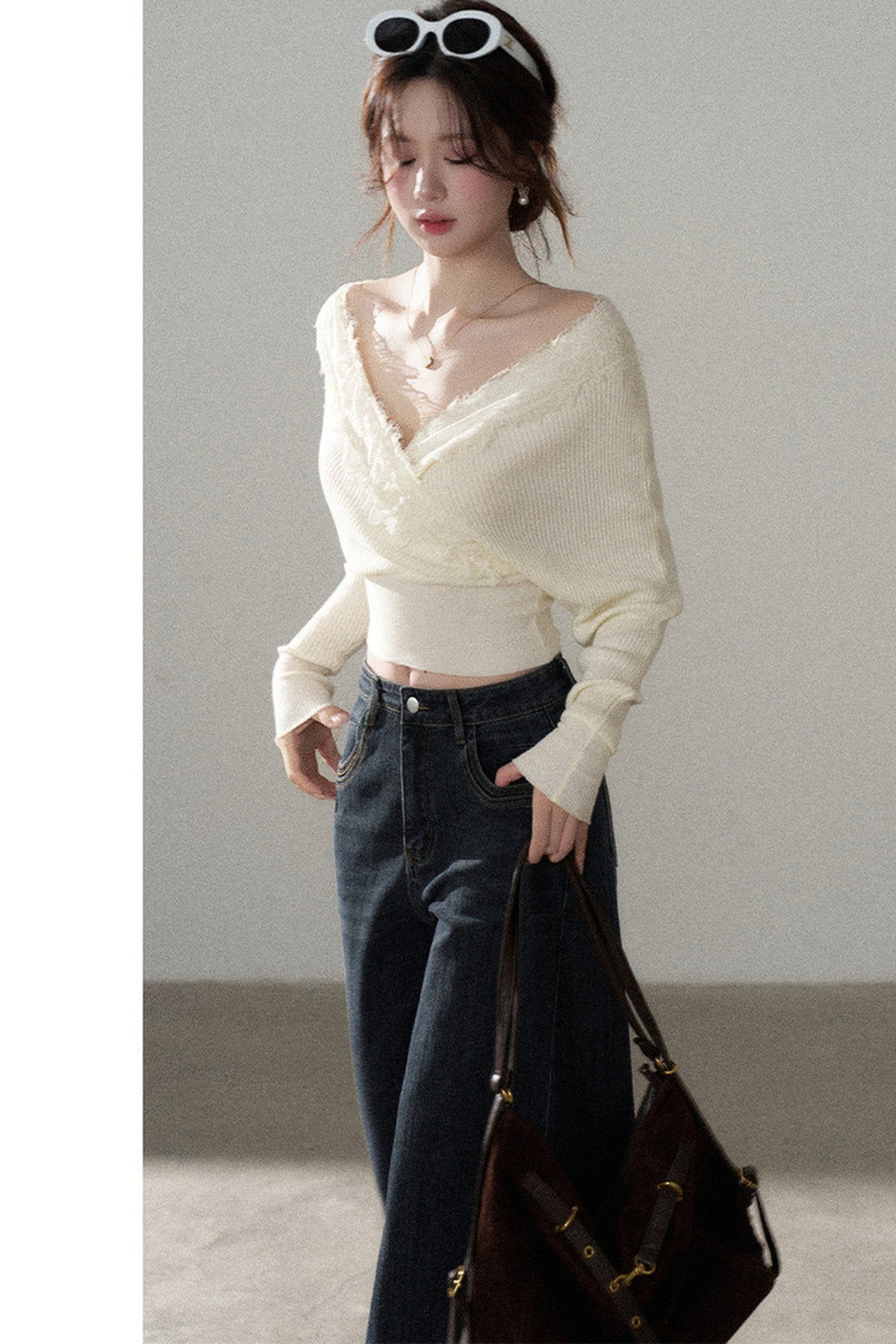 V-Neck Hollow Knit Top and Jeans Set-Up