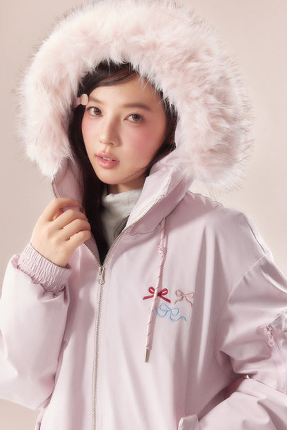 Embroidered Bow Fur Hood Down Jacket
