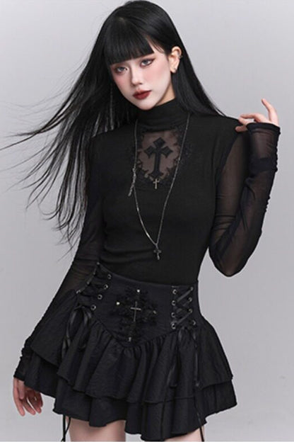 Black Cross Lace Short Sleeve T-Shirt