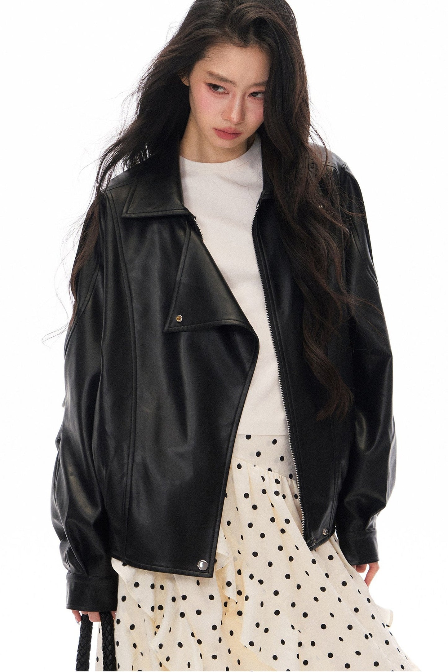 Black PU Lapel Biker Jacket, Polka Skirt and Dress Set-Up