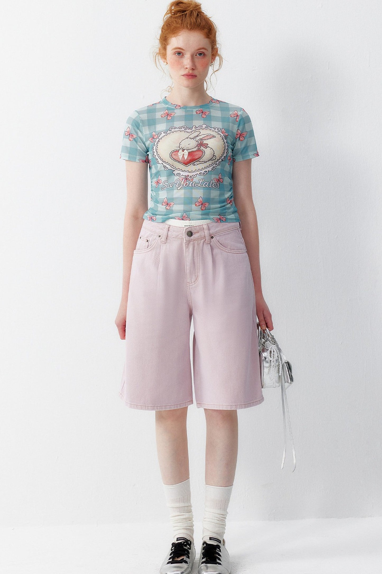 Blue Plaid Heart Rabbit Print T-Shirt