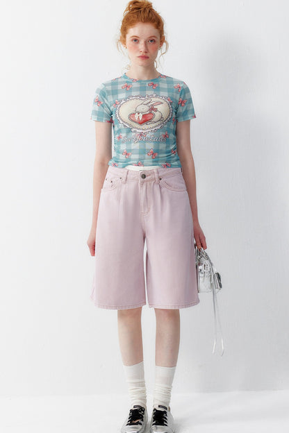 Blue Plaid Heart Rabbit Print T-Shirt