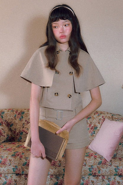 Vintage Double-Breasted Cape Top and Short Skirt Set-Up
