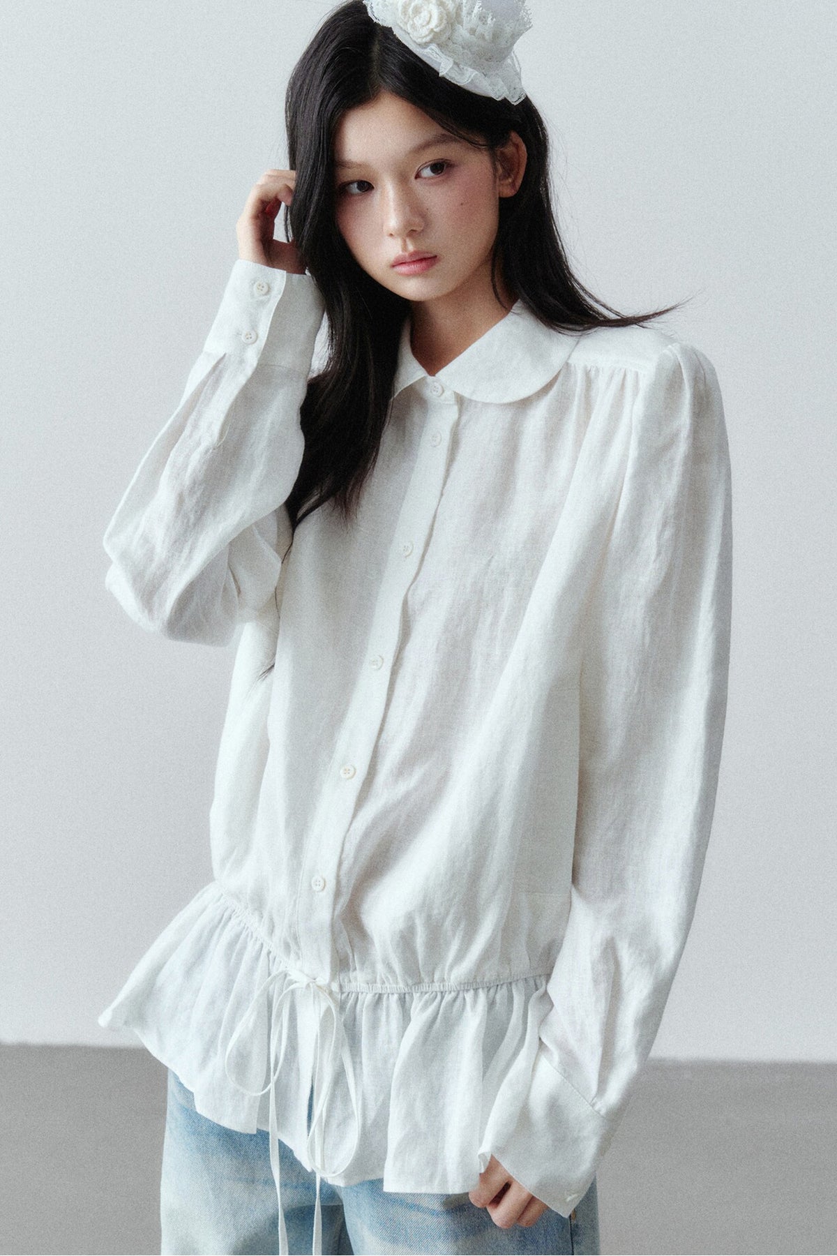 Low-Waist Ruffle Linen Shirt