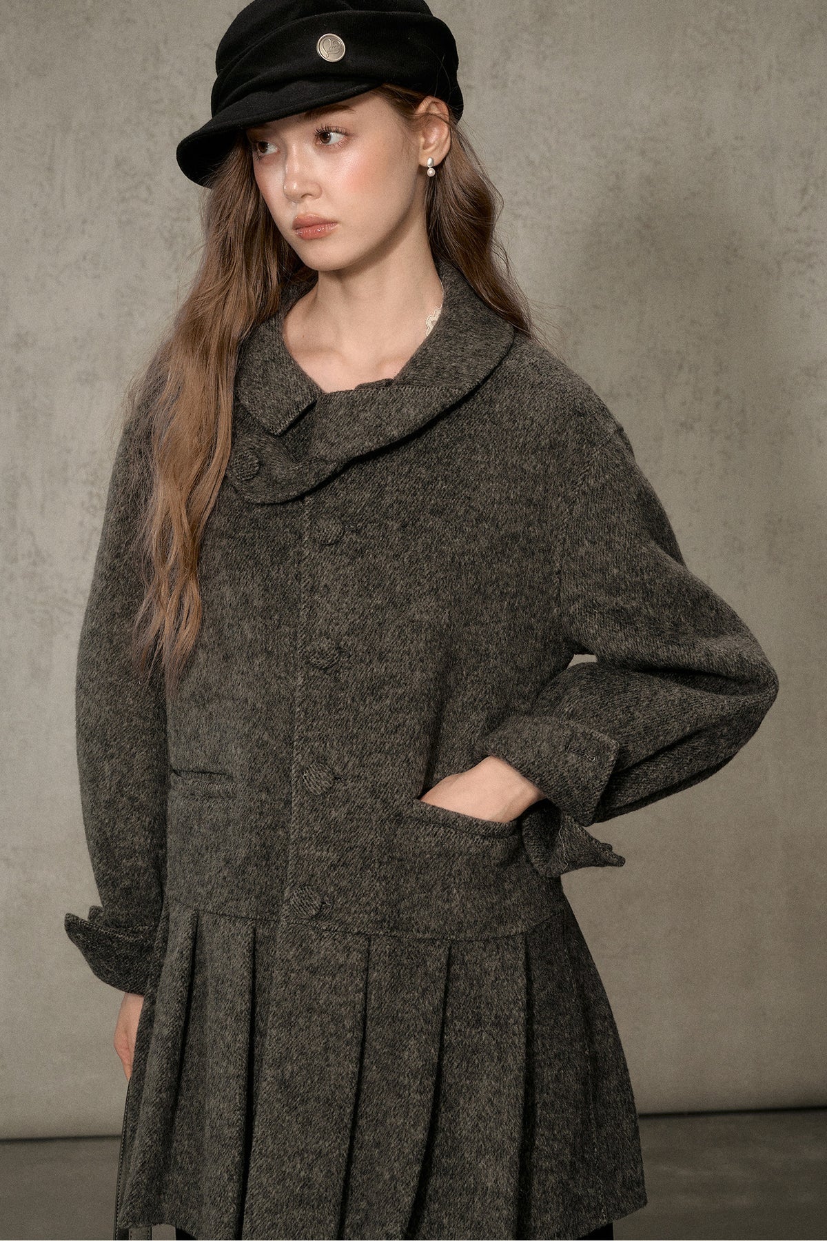 70% Wool Blend Double-Sided Pleated Coat