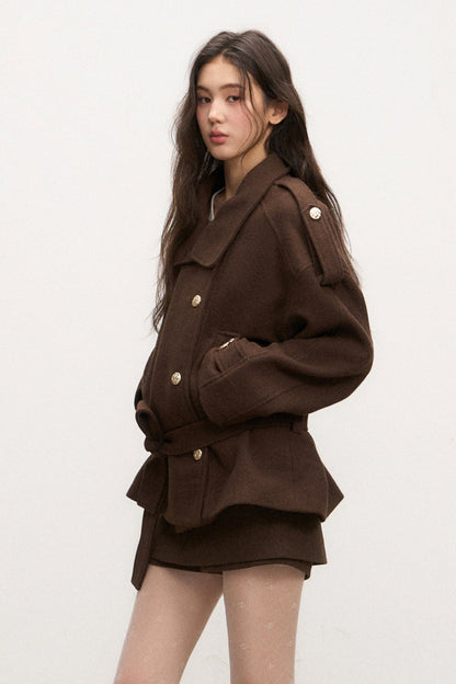 Stand-Collar Lace-Up Coat and Skirt Set-Up