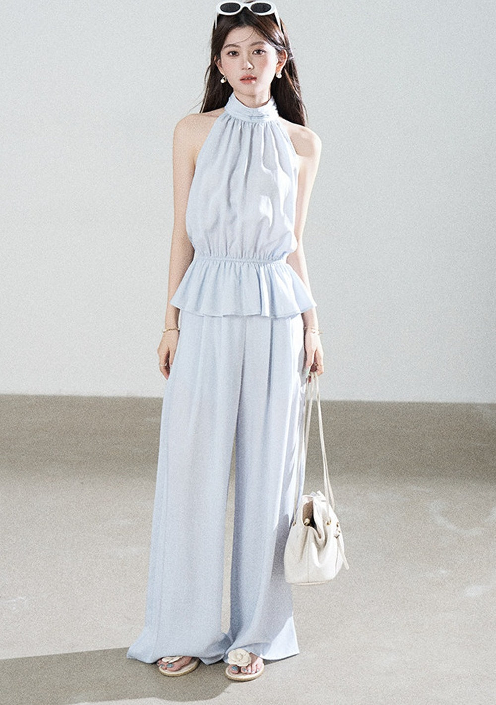 Blue Tencel Halter Shirt and Wide-Leg Pants Set