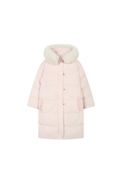 Long Heart Quilted Fur Collar Down Coat