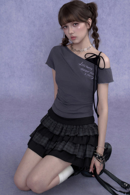 Gray-Purple One-Shoulder Faux Two-Piece Top
