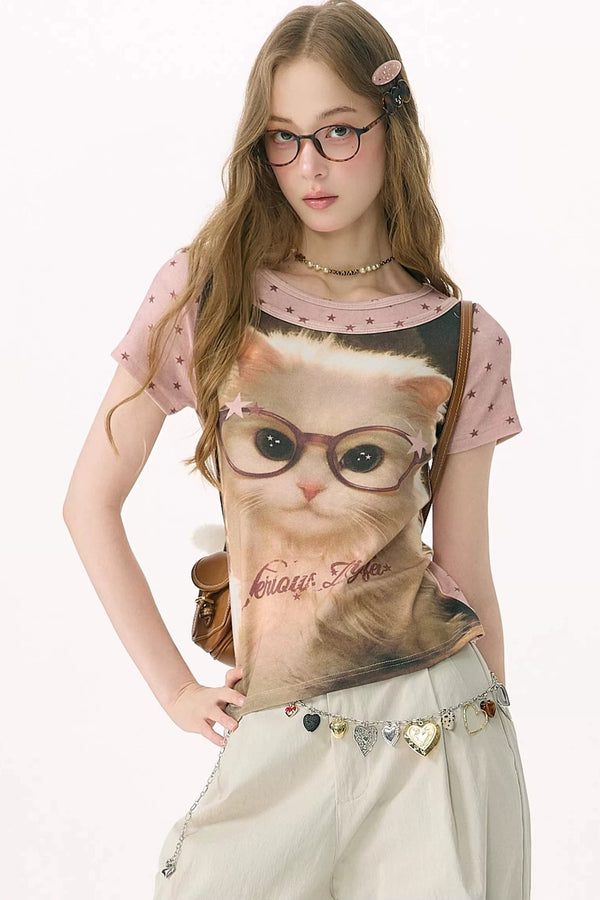Pink Vintage Washed Cat T-Shirt