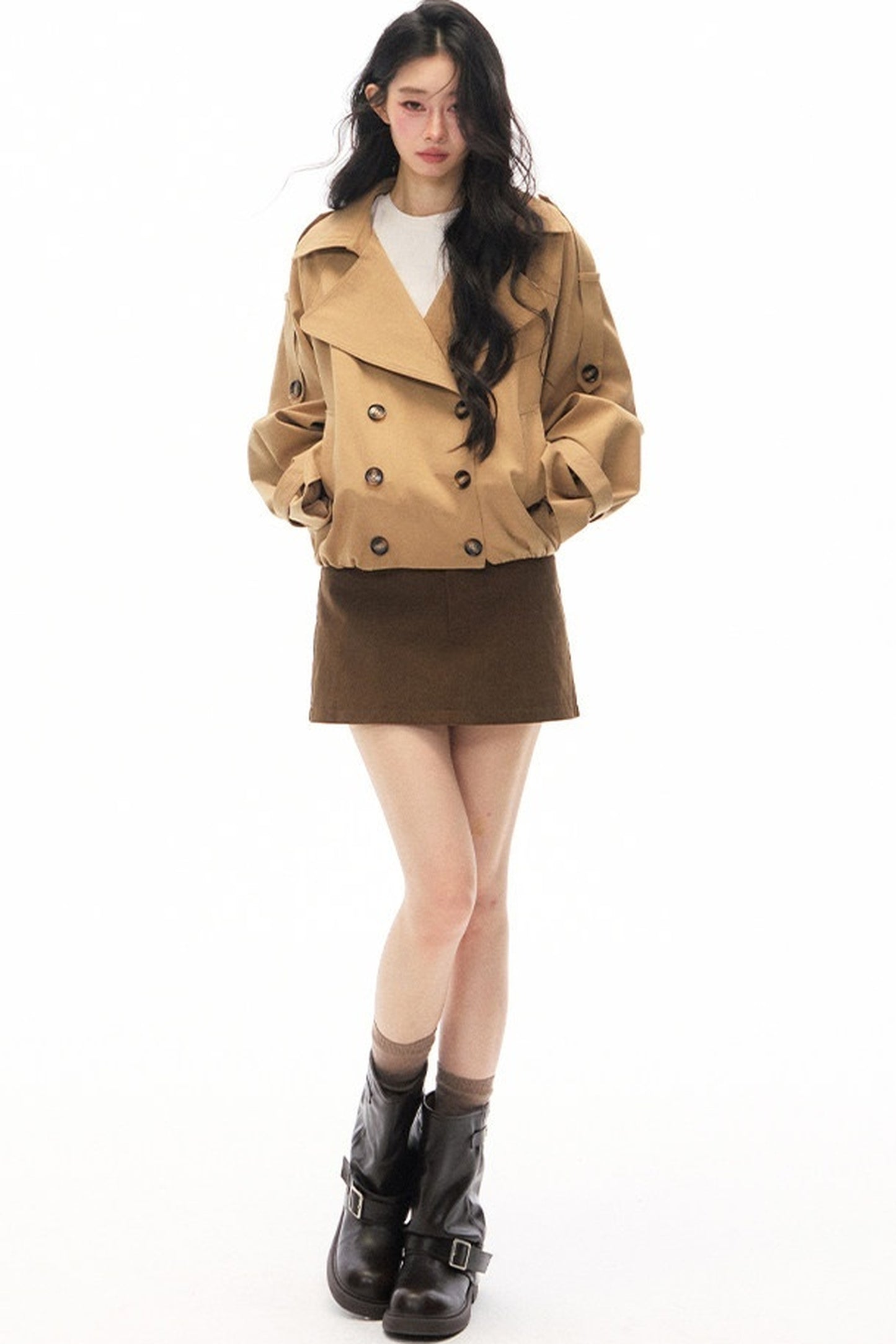 Khaki Double-Breasted Trench Coat and Skirt Set-Up