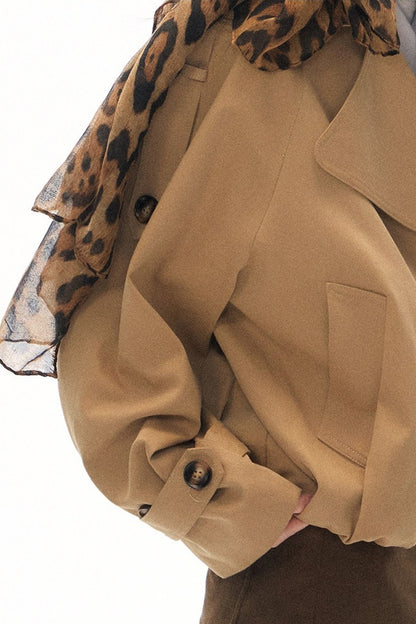 Khaki Double-Breasted Trench Coat and Skirt Set-Up